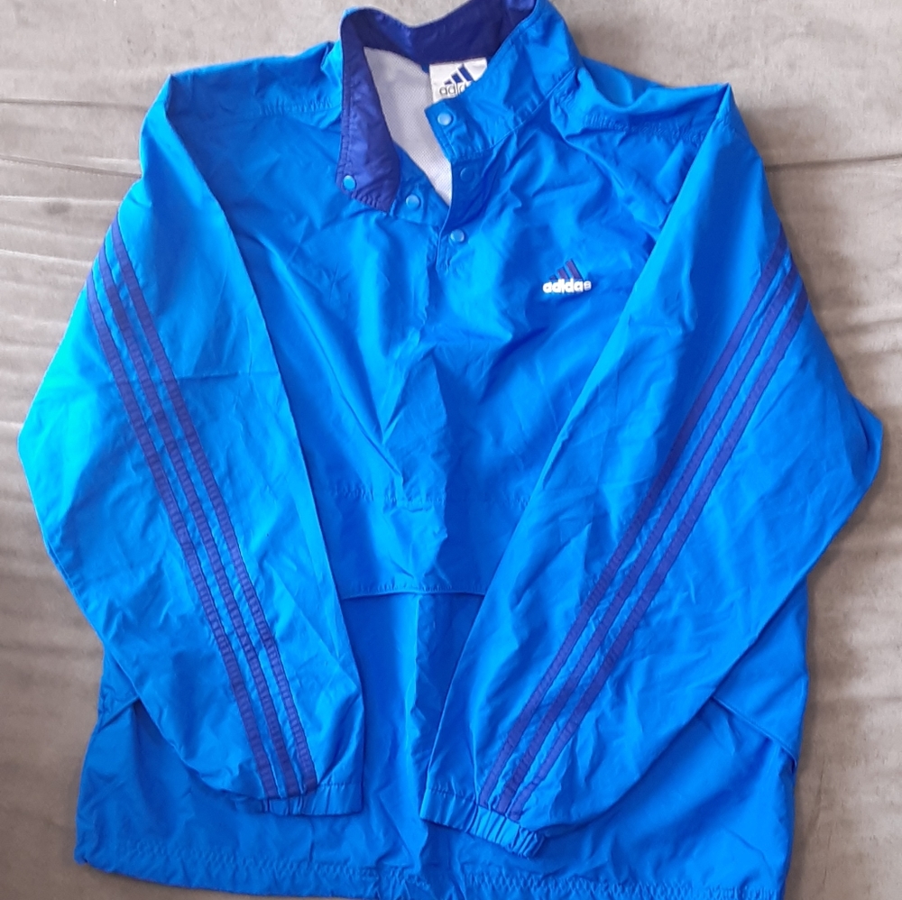 Adidas Men's Windbreaker Jacket Vintage Size L Blue Dark Blue Three Stripe EUC